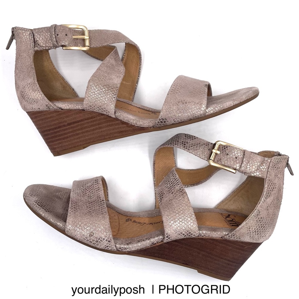 Sofft metallic gold taupe leather Mauldin wedge sandals US 9